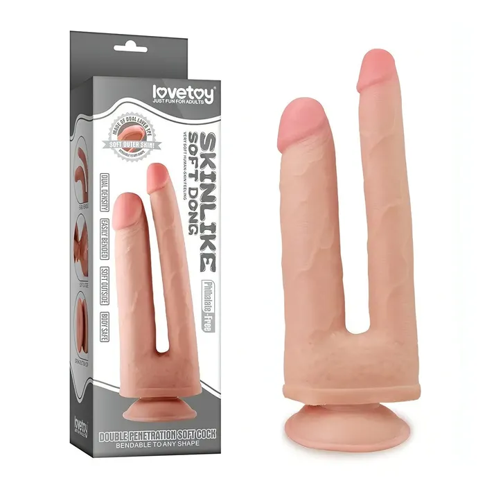 Female Sex Toys | Lovetoy Fallo doppia penetrazione pieghevole con ventosa - Dual Layer, Rosa Carne