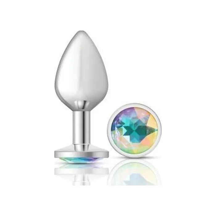 Cheeky Charms Anal Cheeky Charms Silver Round Butt Plug w Clear Iridescent Jewel Large