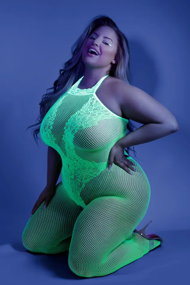 Fantasy Lingerie Bodystockings Playsuits Moonbeam Crotchless Bodystocking Queen Neon Green