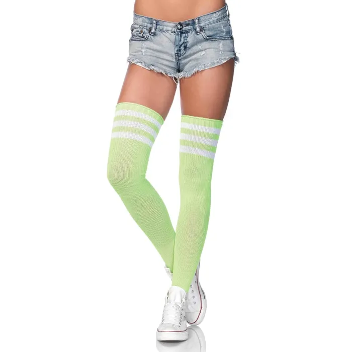 Leg Avenue Female Sex Toys 3 Stripes Athletic Ribbed Thigh Highs One Size Neon Green