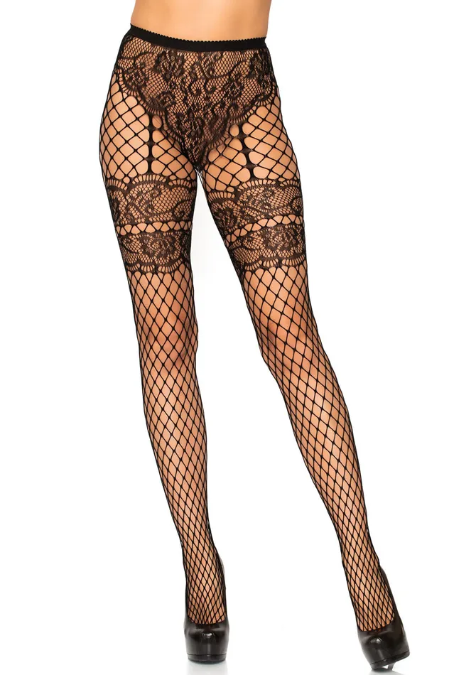 Leg Avenue Teddies And Bodies Lace French Cut Faux Garter Net Tights One Size Black