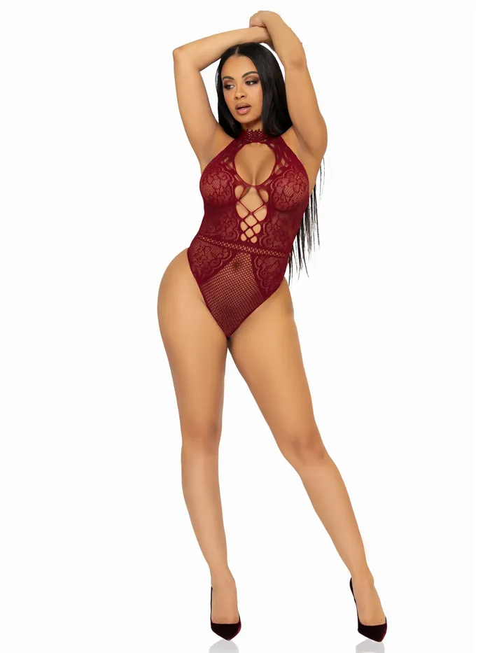 Leg Avenue Teddies And Bodies | Net and Lace Keyhole Halter Bodysuit - One Size