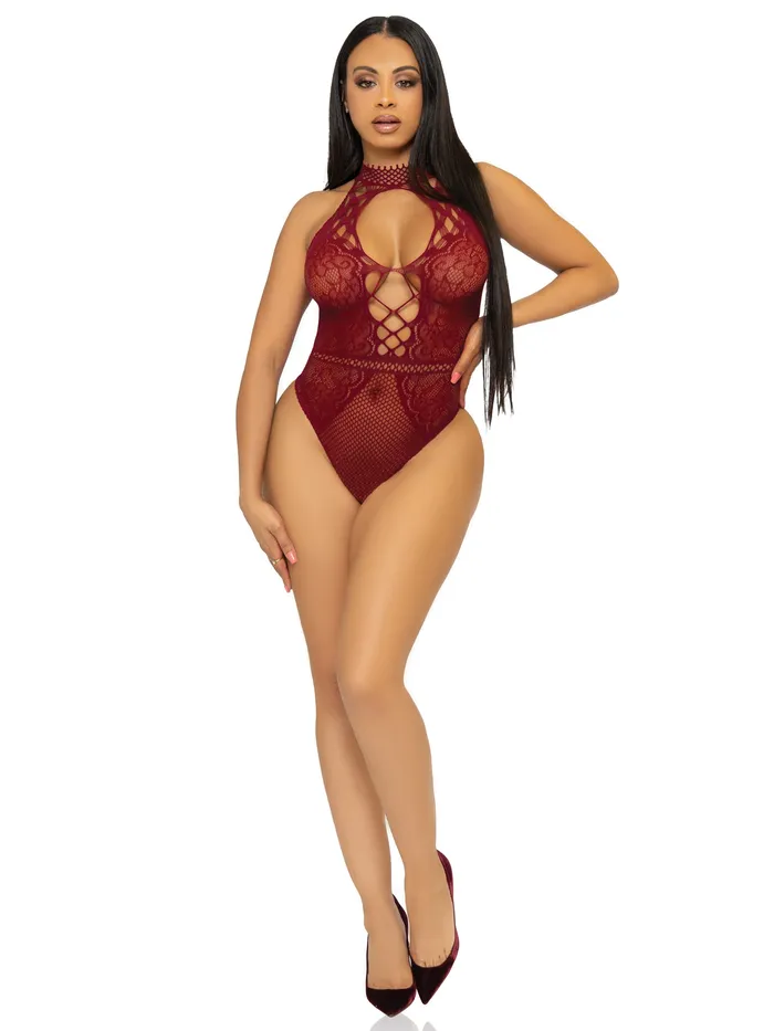 Leg Avenue Teddies And Bodies | Net and Lace Keyhole Halter Bodysuit - One Size