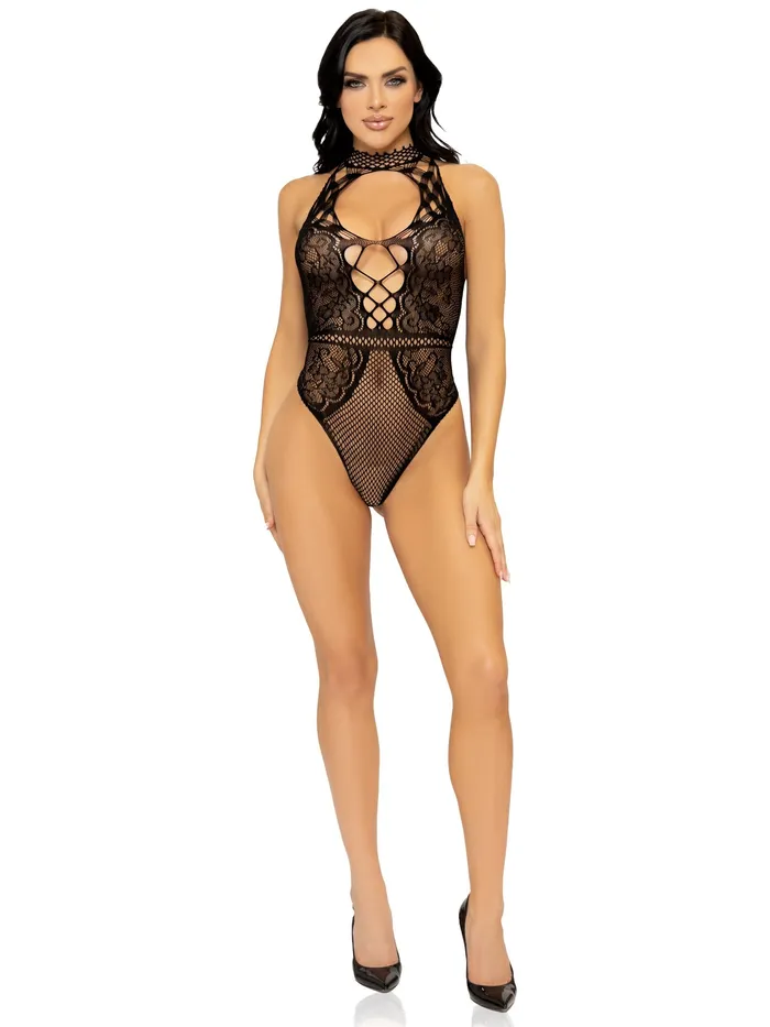 Leg Avenue Teddies And Bodies | Net and Lace Keyhole Halter Bodysuit - One Size