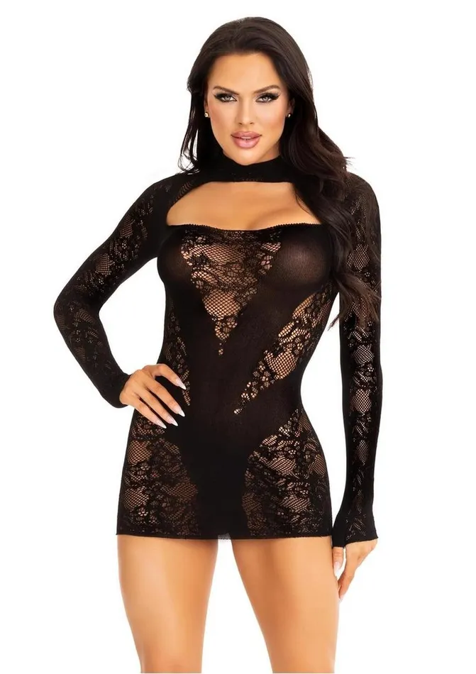 Female Sex Toys Leg Avenue Leg Avenue Lace Keyhole Mini Dress with Opaque Panel Detailing and Gloved Sleeves