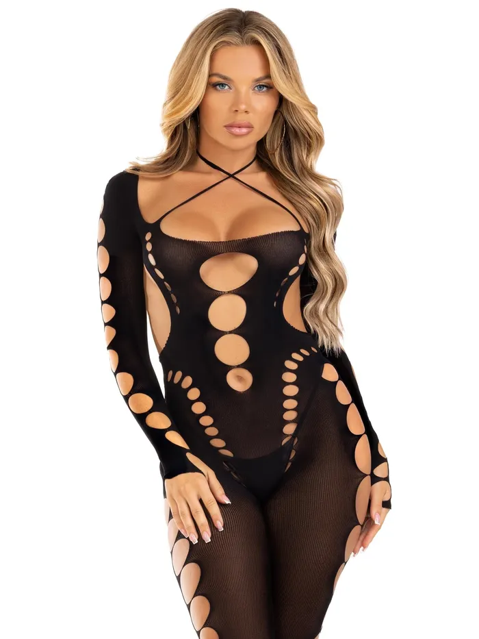 Opaque Cut Out Footless Bodystocking One Size Black Leg Avenue Bodystockings Playsuits