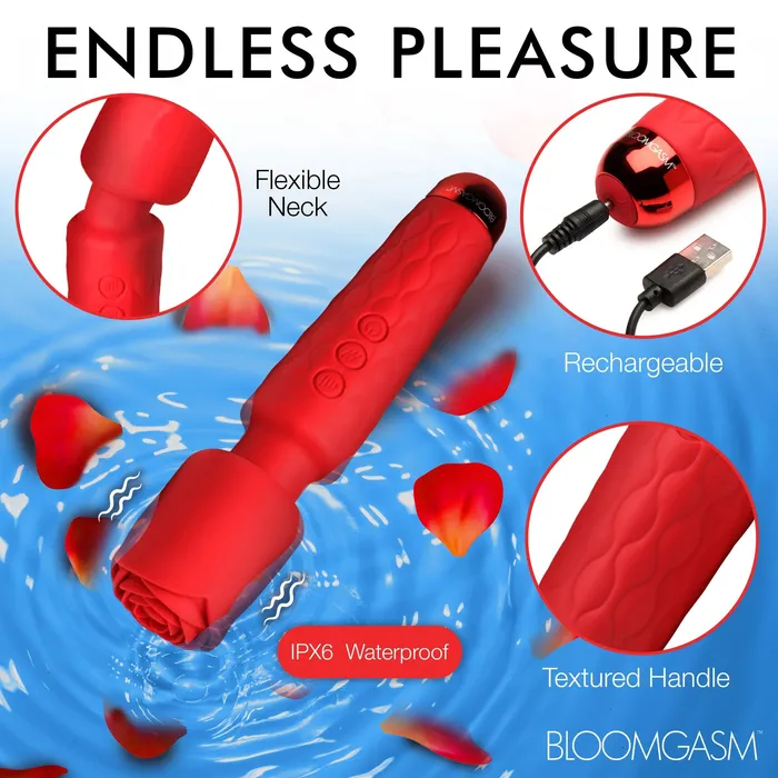 Pleasure Rose 10x Silicone Wand With Rose Attachment Red XR Brands inmi Vibrators