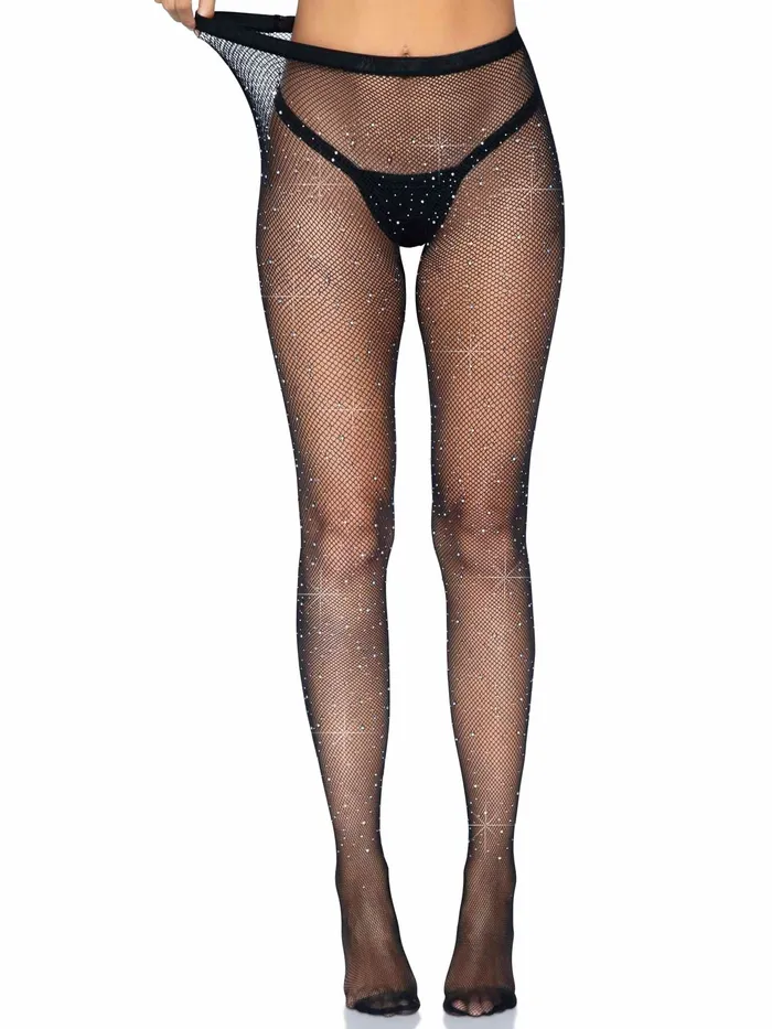 Rhinestone Fishnet Crotchless Tights One Size Black Leg Avenue Bodystockings Playsuits