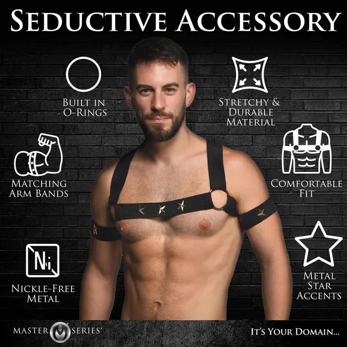 Star Boy Male Chest Harness With Arm Bands Smallmedium Black XR Brands Master Series Female Sex Toys