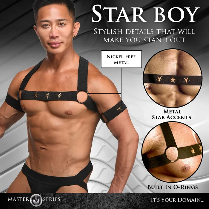 Star Boy Male Chest Harness With Arm Bands Smallmedium Black XR Brands Master Series Female Sex Toys