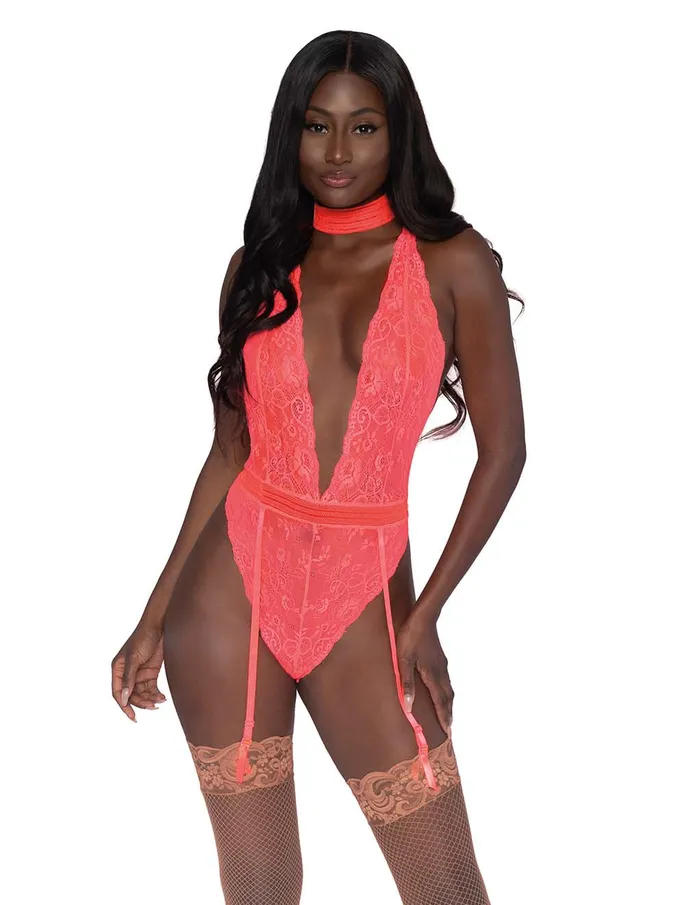 Vibrators Dreamgirl International Lingerie Coral Gartered Teddy and Collar