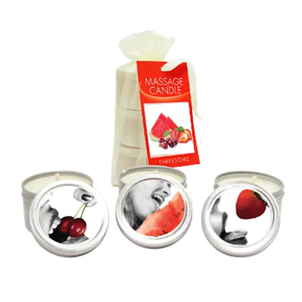 Earthly Body Enhancers Edible Massage Candle Threesome Cherry Strawberry Melon Flavoured Candles 3 Pack